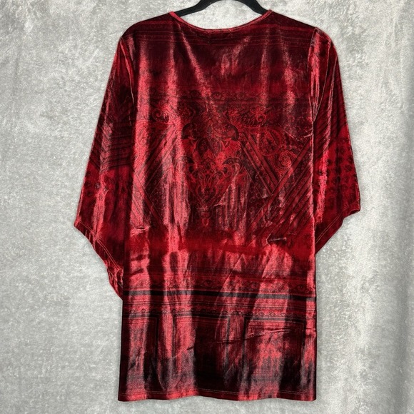 One World 1X Top Shirt Red Paisley 3/4 Sleeve V Neck Stretch Velour Sequins - Picture 5 of 8